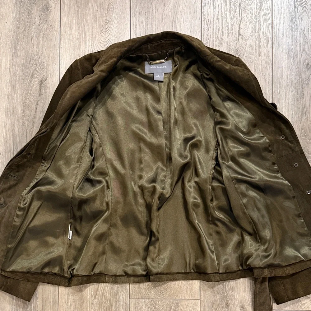 Ann Taylor Olive Green/Brown Suede Belted Blazer Jacket 2 NWOT - Picture 6 of 9